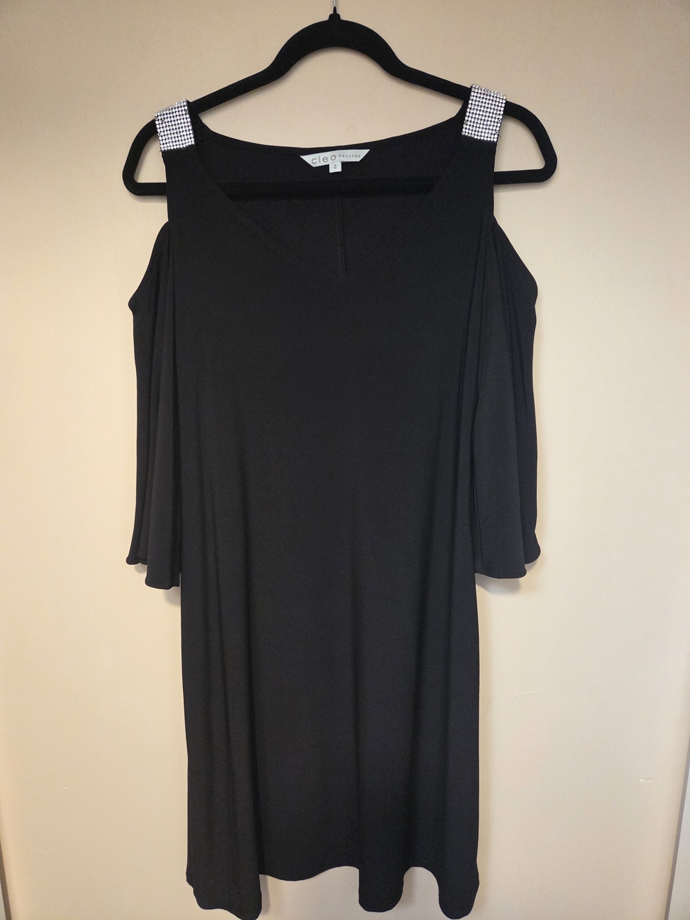cleo Black Cold-Shoulder Mini Dress with Embellished Straps